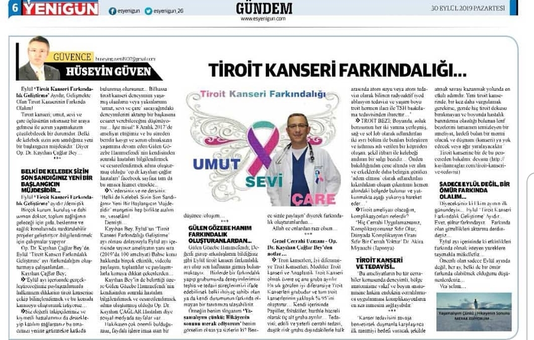 “Tiroit Kanseri Farkındalığı” (Köşe Yazarı Hüseyin Güven, Yenigün gazetesi, 30.09.2019)